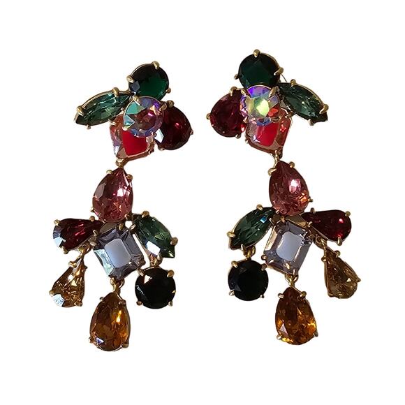 J Crew Multicolor Crystal Chandelier Dangle Jewel Tone Earrings